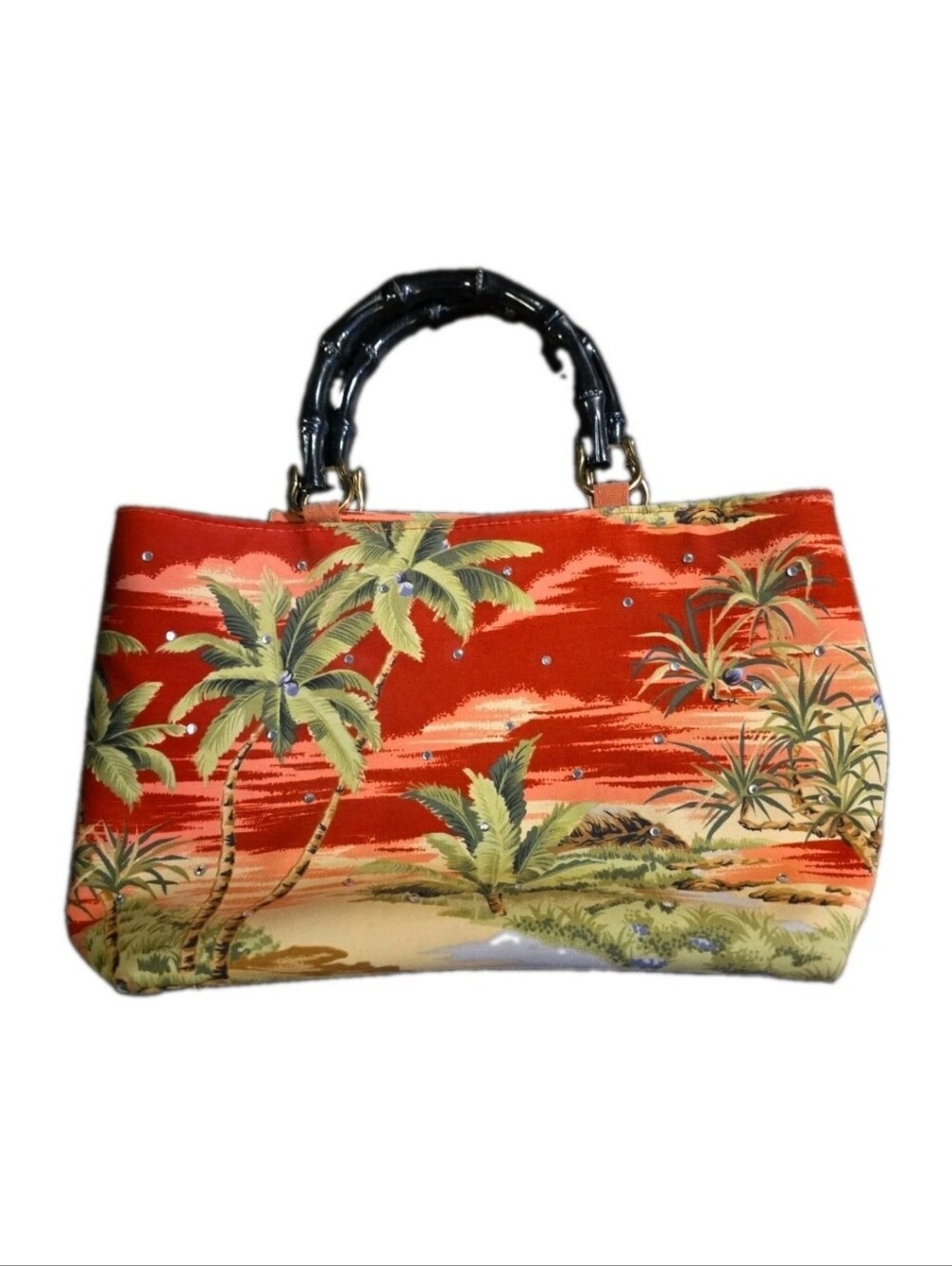 Tropical Palm Tree Rhinestone Medium Tote Bamboo Style Handle Resort Y2K Bag